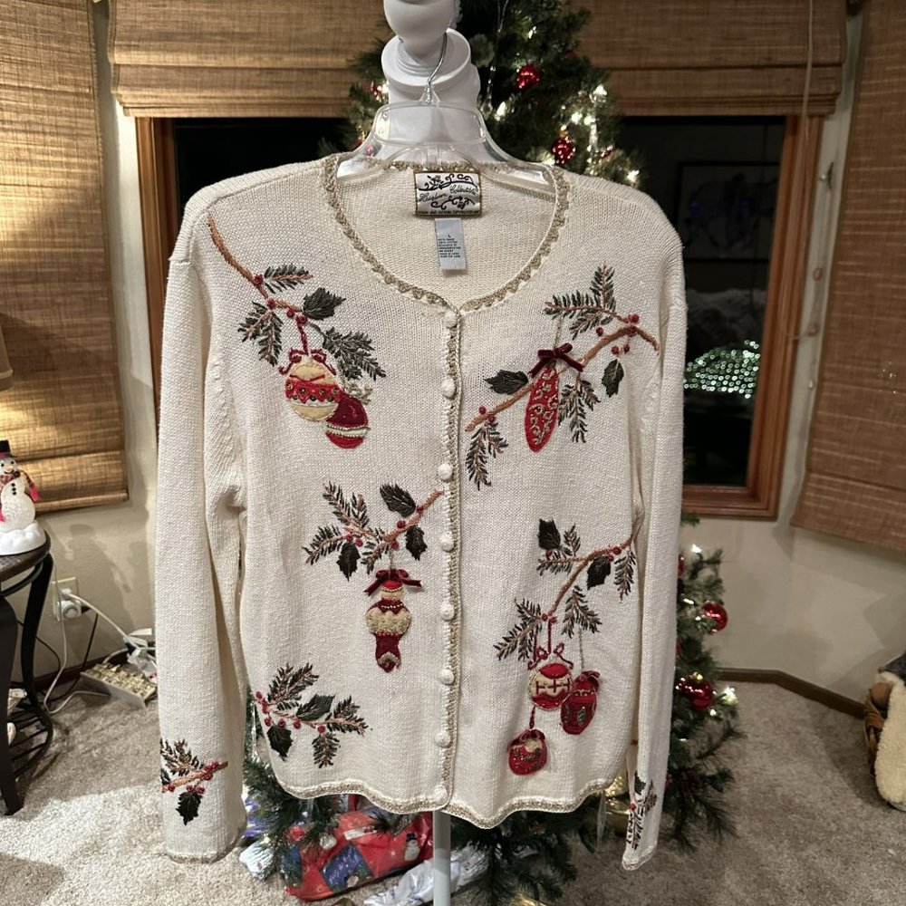 Ivory XL Christmas Sweater with embroidered and beaded ornaments with sequins